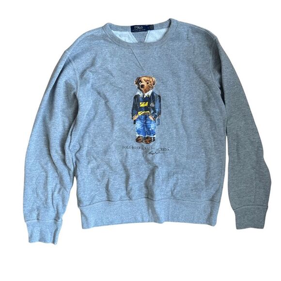 Polo Ralph Lauren Mens Gray Preppy Bear Fleece Pullover Sweatshirt Large - Picture 1 of 5